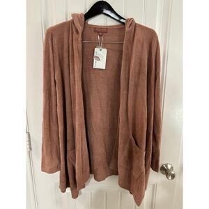 Barefoot Dreams Cozy Hooded Open-Front Cardigan in Dusty Rose Brown